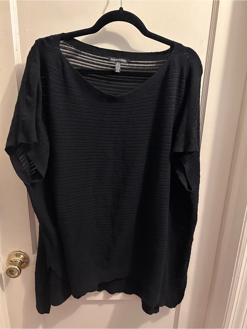 Eileen Fisher Black Textured Short-Sleeve Tunic Layering Poncho Style Top L/XL